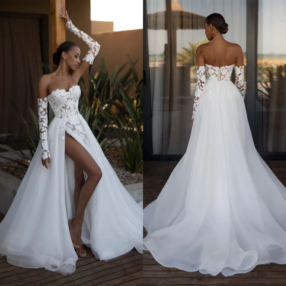 

Customized High Quality White Organza Wedding Dress Temperament Strapless Long Sleeves Chapel Train Zipper Back Bridal Gowns