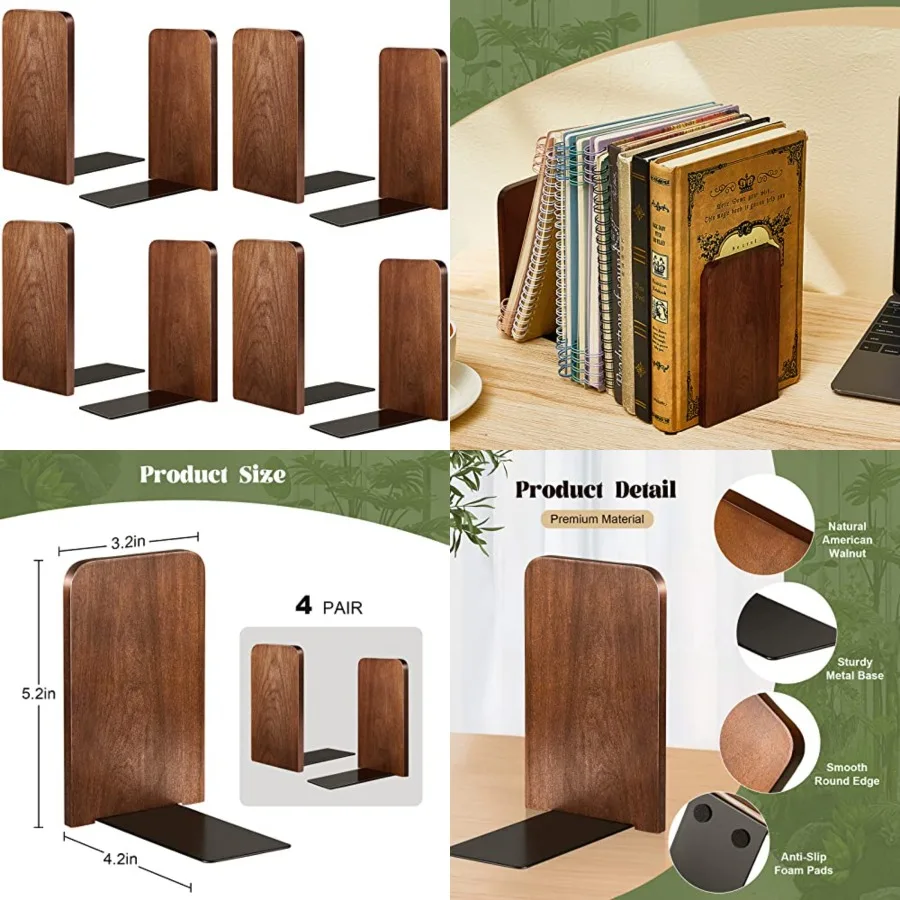 4 أزواج من الدفتين الخشبية شديدة التحمل للأرفف حامل كتب جوز كبير قوي مقاس 5.2 × 3.2 × 4.2 بوصة مكتب مكتب مزخرف Acc #1