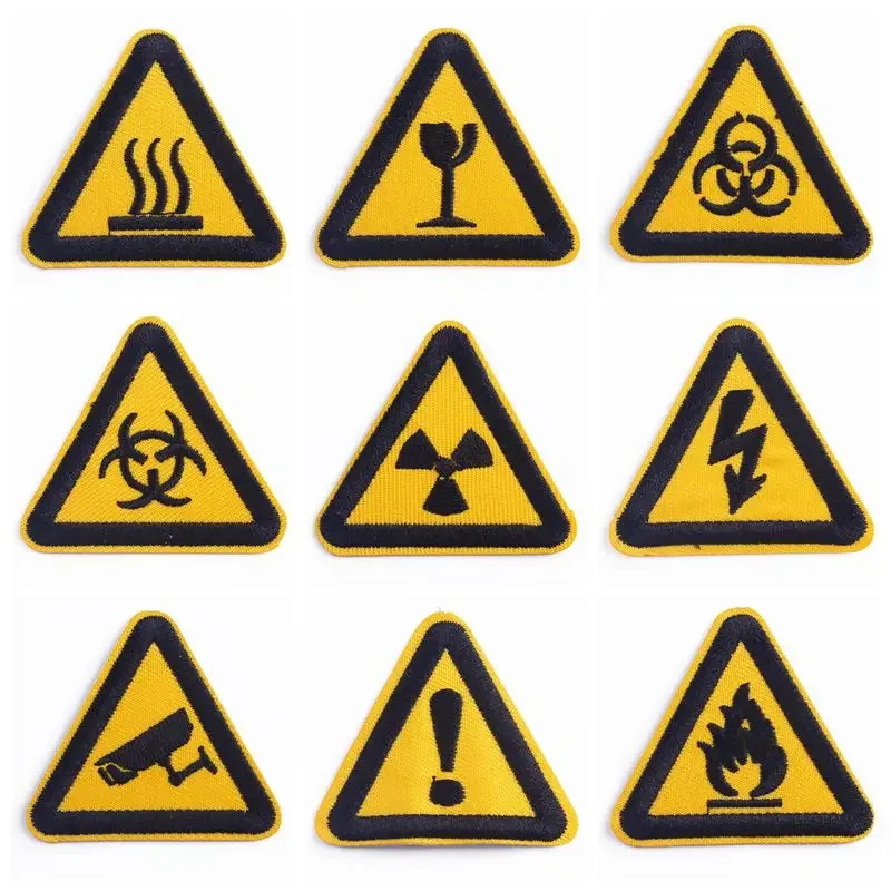 Traffic Signs Patches On Clothes Warning Signs Iron On Embroidered Patches For Clothing Dangerous Fragile Triangles Stripe Badge