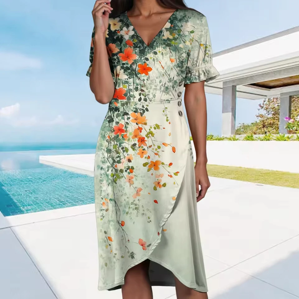 

Ladies Bohemian Sexy V Neck Curved Asymmetrical Casual Mini Puffed Sleeve Short Sleeved Dress Dresses For Women