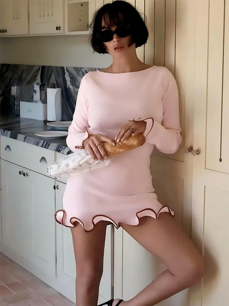 Abiti con orlo arricciato a maniche lunghe per le donne Abiti eleganti da spiaggia estivi per le vacanze Abiti da festa 2025 Abito aderente con scollo a O da donna