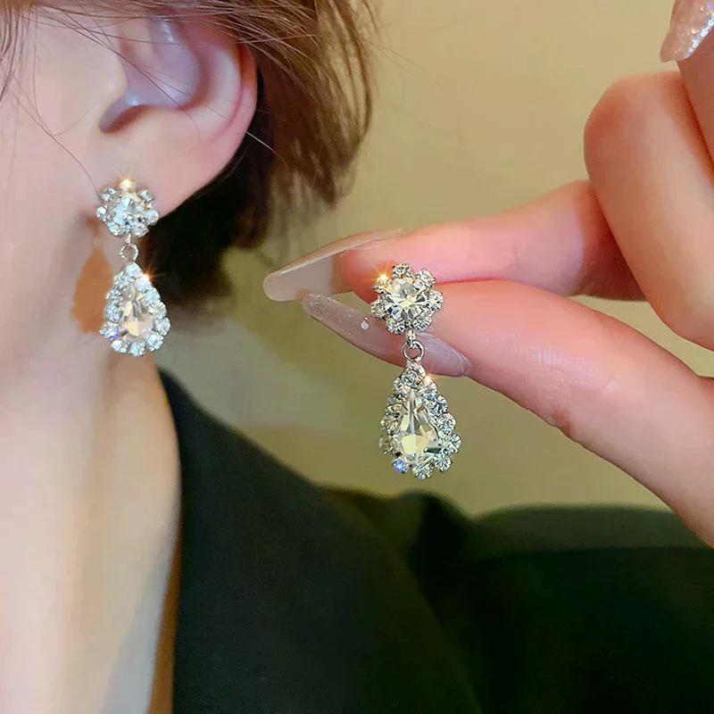 Fashion Simple Water Drop Crystal Rhinestone Necklace Earrings For Women Wedding Bride Light Luxury Jewelry Sets Accessories