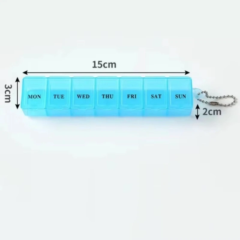 7-Tage-Wochen-Pillenorganizer, bunte Mini-Pillenbox, tragbarer Medikamentenbehälter mit Schlüsselanhänger, Tablettenetui mit Knopföffnung – Detail 1
