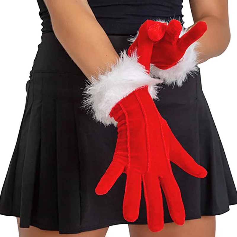 

Red Christmas Full Finger Gloves Velvet White Furry Cuff Feather Bowknot Glove Xmas Party Santa Claus Costume Accessories