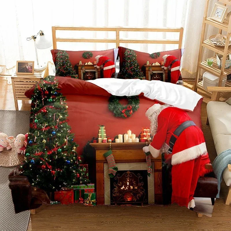 Santa Claus Duvet Cover King Queen Double Merry Christmas Bedding Set Christmas Tree Comforter Cover Xmas New Year Gift Bed Sets