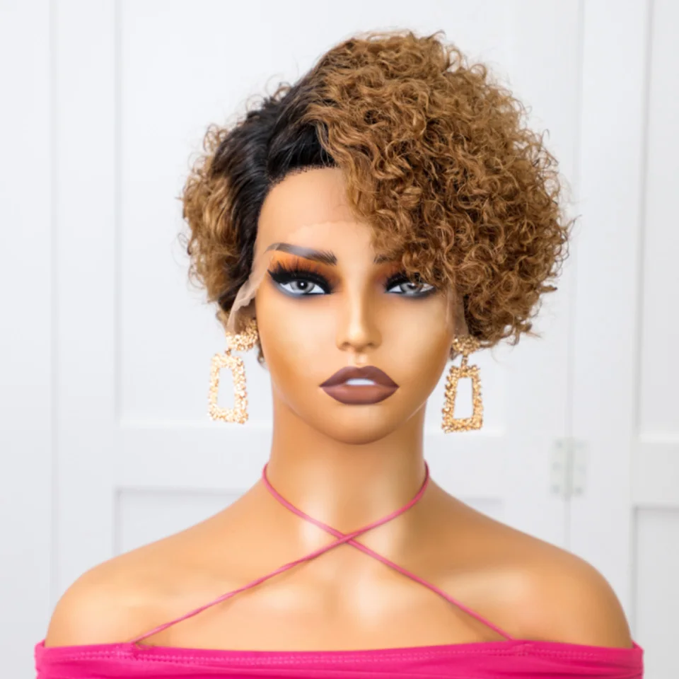 

Pixie Cut Wig Short Bob Wig Curly Human Hair Wigs 13x1 Lace Front Transparent Deep Wave Lace Wig Preplucked Ombre Blonde 1B/30