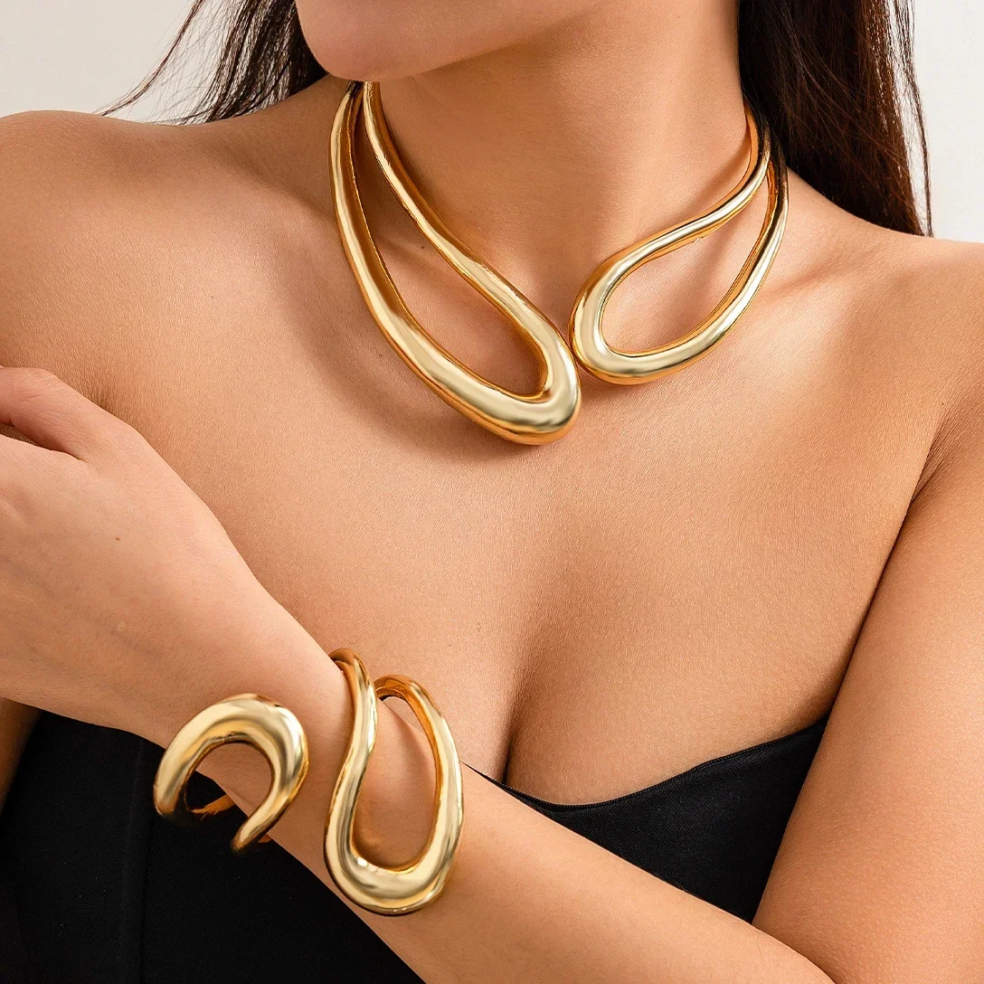 Exaggerated Heavy Metal Big Open Torques Choker Necklace fot Women Goth Adjustable Chunky Chain Grunge Jewelry Steampunk Men New