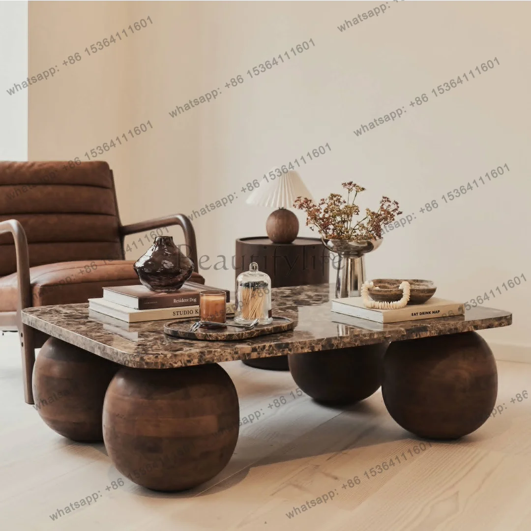 Medieval wabi-sabi wind solid wood marble coffee table French retro household small apartment coffee table