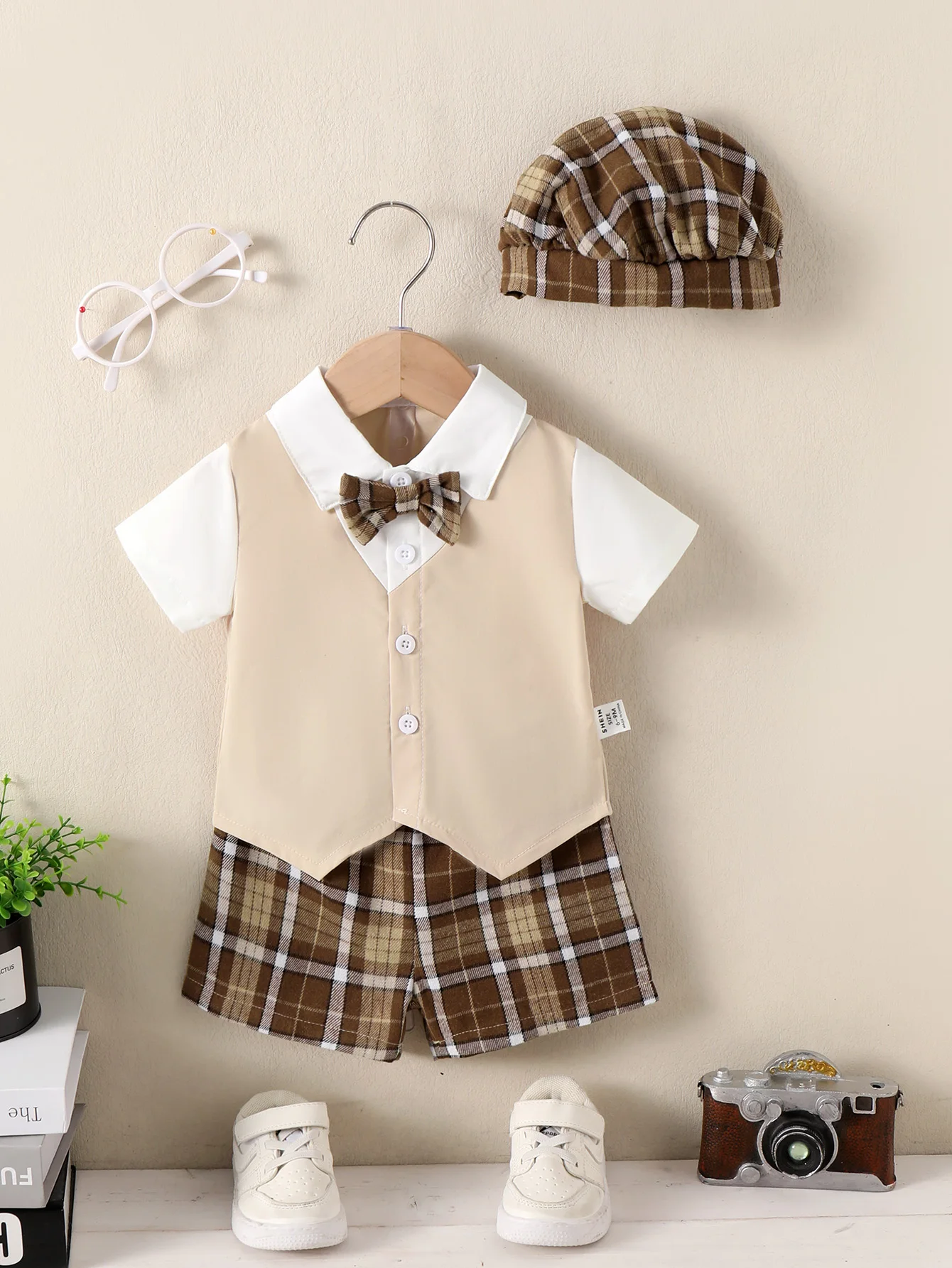 Toddler Baby Boy Summer 3PCS Suit Short Sleeve All-In-One Shirt & Waistcoat + Plaid Shorts + Beret Hat for 0-3Y Newborn Wearing
