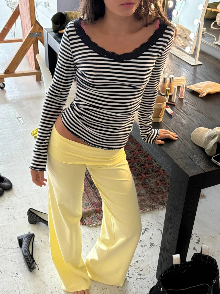 Womens Y2k Wide Leg Sweatpants for Women Fold Over Low Rise Flare Yoga Lounge Pants Back to School Clothes for Teen Girls ﻿