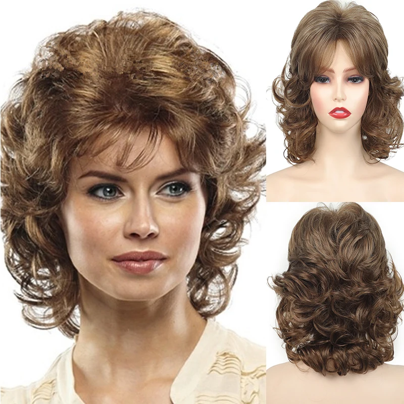 Soft & Healthy Mommy Short Synthetic Curly Hair Shoulder Length Brown Loose Wave Wig with Bangs Cute Daily Party Wig for Women