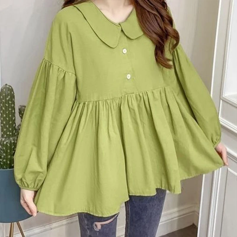 Casual Elegant Long Sleeved Doll Neck Shirt for Women\'s Spring Autumn New Korean Loose Slimming Covering Belly Versatile Top