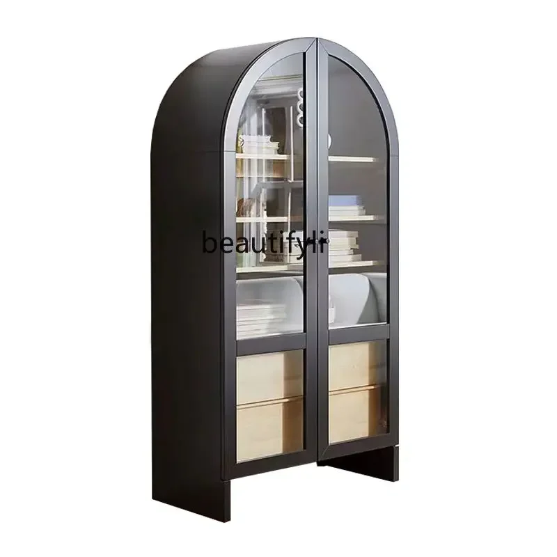 

Nordic Modern Minimalist Solid Wood Bookcase French Retro Arched Glass Door Multifunctional Storage Display Cabinet