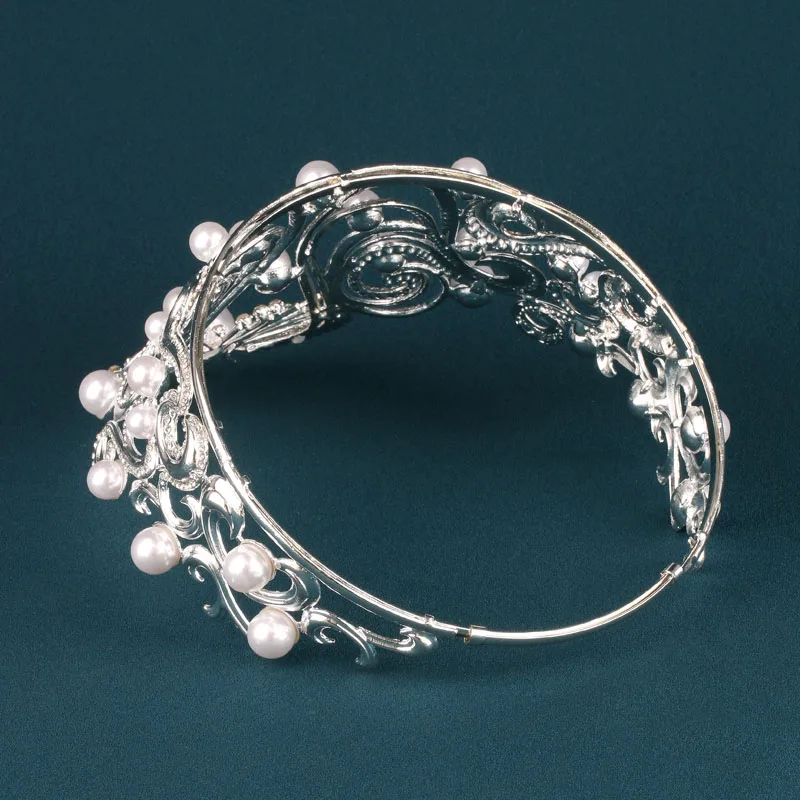 Luxury Silver Rhinestone Wave Design Sunburst Pearl Queen Tiara Miss Universe Style Bridal Wedding Pageant Crown Headwear