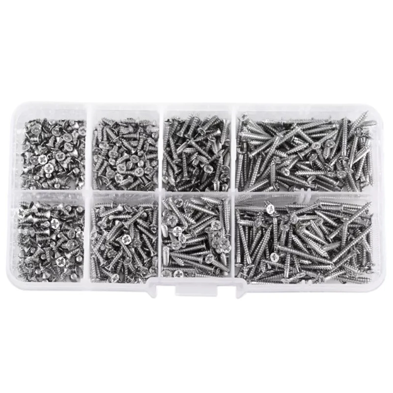 

800PCS Boxed Metric M2 Carbon Steel Nickel Plated silver Round Head Cross Self-tapping Screw Kit