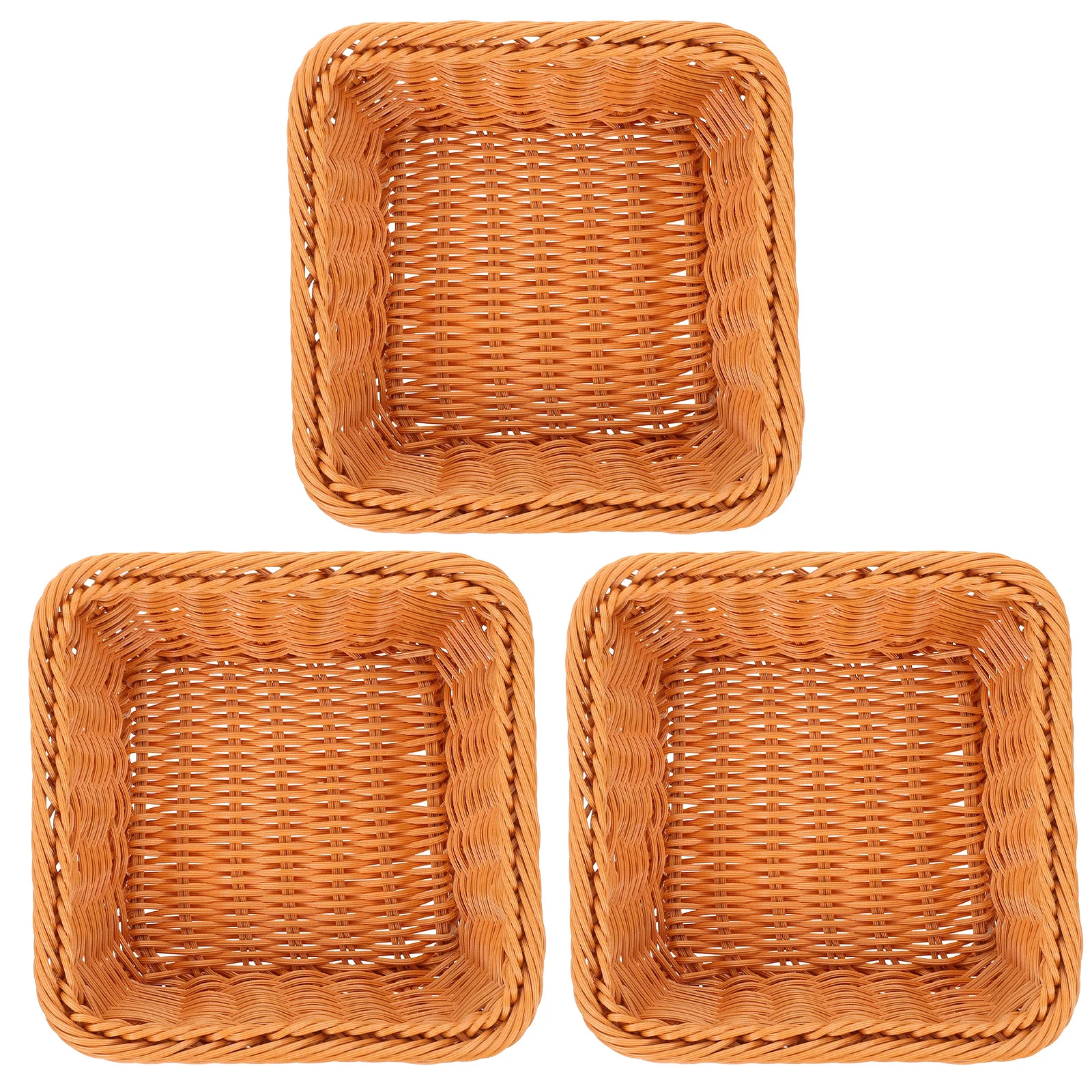 

3Pcs Woven Plastic Bread Basket Square Shape Household Storage Basket Desktop Sundries Organizer Rustic Style Fruit Baskets
