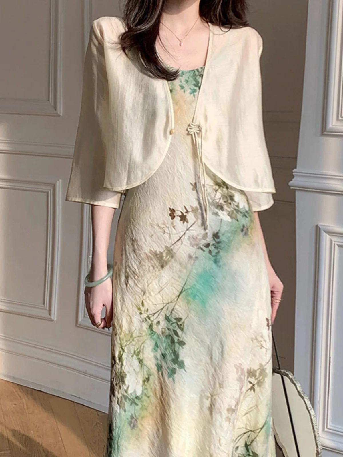 

Новый женский кардиган в китайском стиле с коротким рукавом, летняя накидка на плечи, топ-халтер и юбка в комплекте, защита от солнца