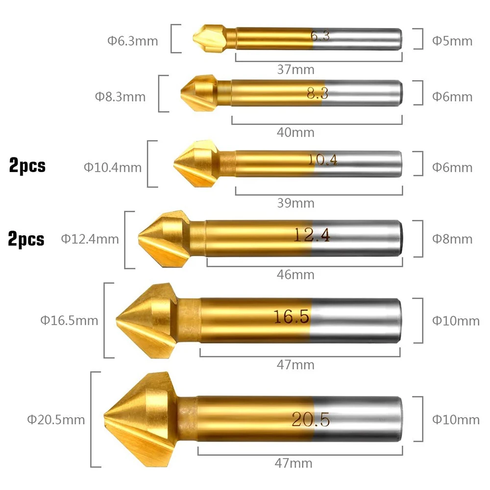 HSS Titanium Countersink Broca Set, 90 Graus Countersink Bits, cortador de chanfro, Bits moinho, 8 pcs