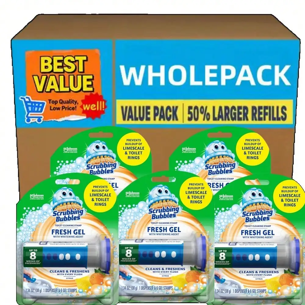 

Scrubbing Bubbles Citrus Fresh Gel Toilet Stamps – 1 Dispenser + 6 Stamps, Septic-Safe No-Scrub Cleaner & Deodorizer