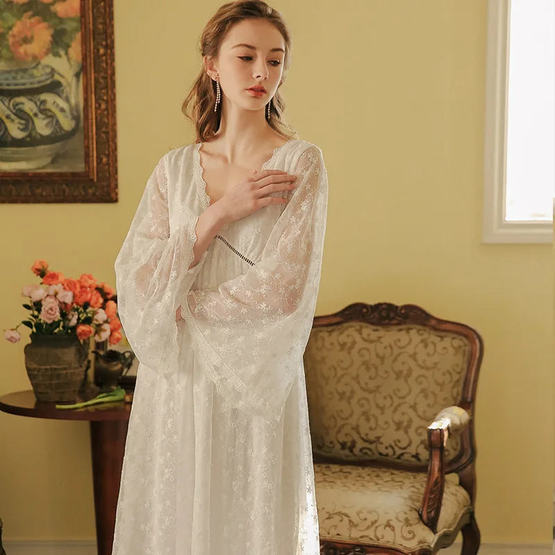 Women Sexy V-neck Embroidery Gauze Nightgowns Spring Full Flare Sleeves White Long Modal Night Dresses French Loose Home Dresses