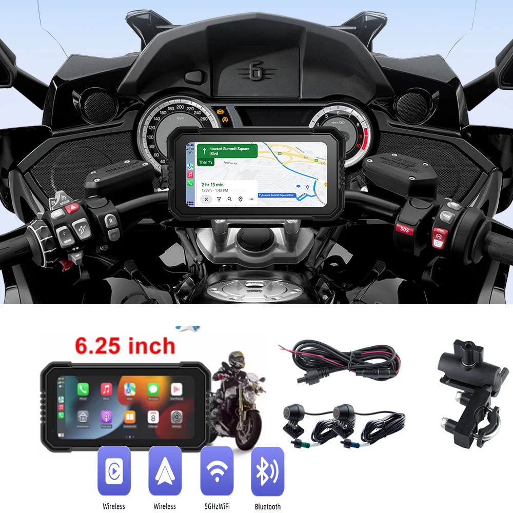 

Universal 6.25 Inch Motorcycle Navigation Wireless Carplay Android Auto Display Motorcycle BT 5.0 IP67 Waterproof Touch Screen