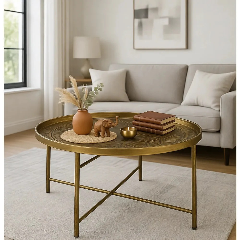 24" Hammered Round Vintage Metal Coffee Table - Perfect for Living Room, Bedroom