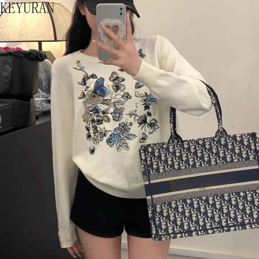 Spring Autumn Butterfly Flower Embroidery Sweaters Women Design Runway O-Neck Long Sleeve Knitted Pullover Sweater Mujer Jumper