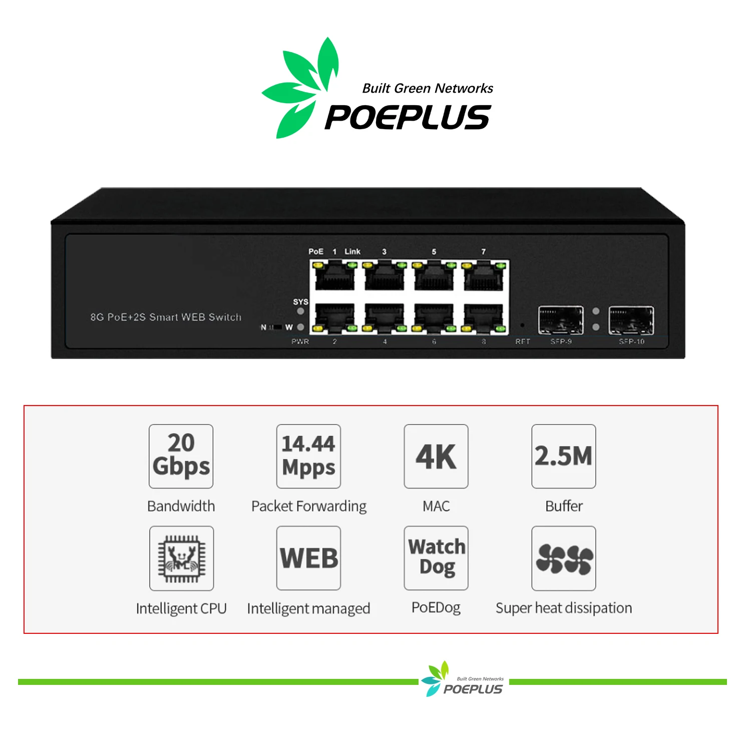 Full gigabit 8-port  PoE or non Smart WebSwitch  with 2 ports SFP uplink/ 8*10/100/1000M PoE+2*1000M SFP