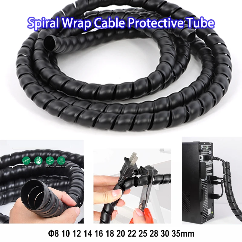 1~10M Black Spiral Cable Wrap Tube Dia.8~35mm Cable Management Anti-Bite Motorcycle Wire Line Cover Organizer Spiral Wiring Band