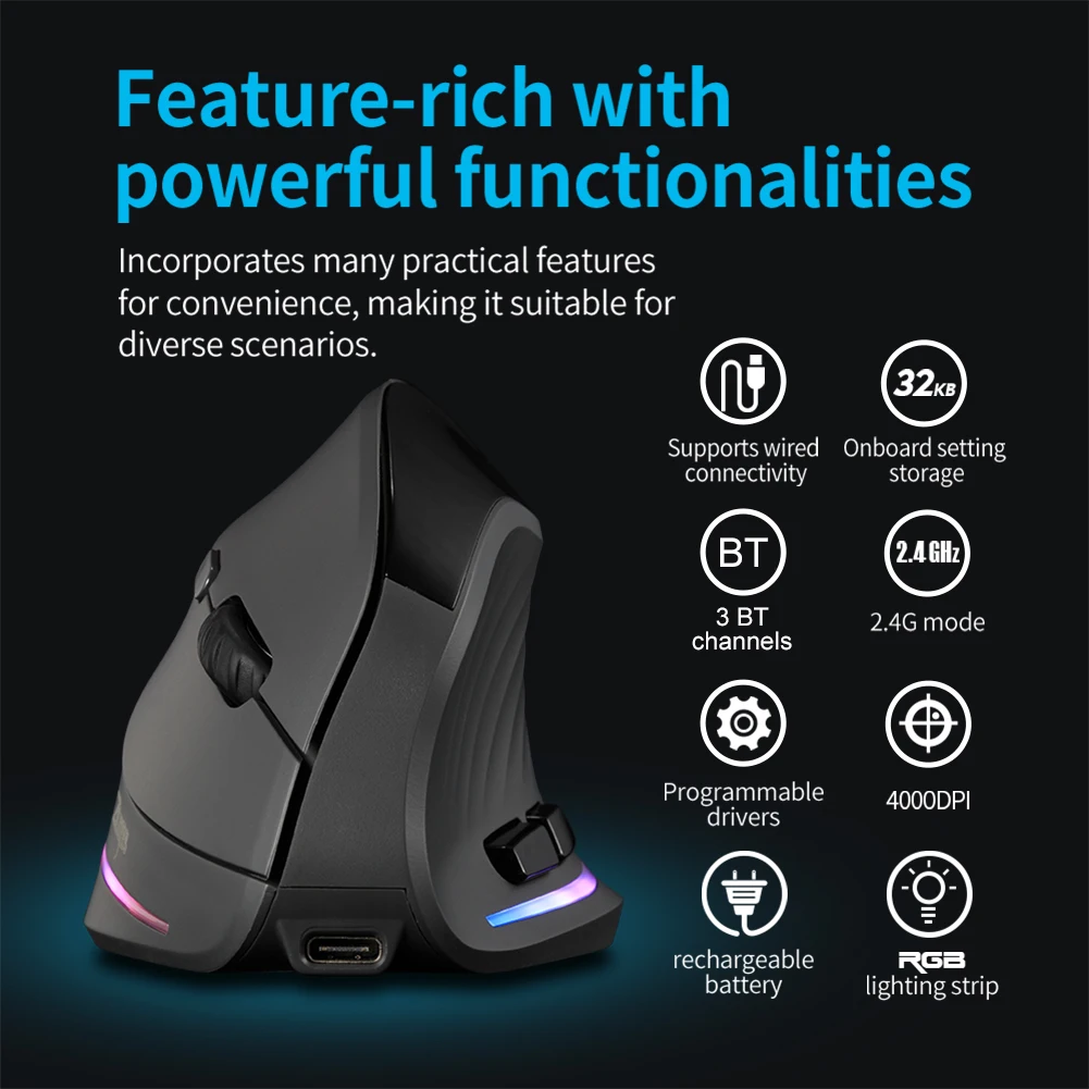 Vertical Mouse Rechargeable Laptops Computer PC Mice Tri-Mode BT+2.4GHz+Wired Adjustable DPI 7 Buttons for PC Laptop  Windows