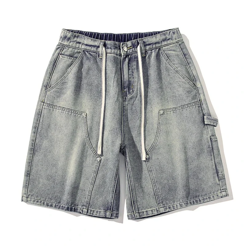 Fashion Streetwear Men's Denim Shorts Summer Loose Vintage Harajuku Splicing Hip-hop Cargo Moto Short Jeans Black Blue