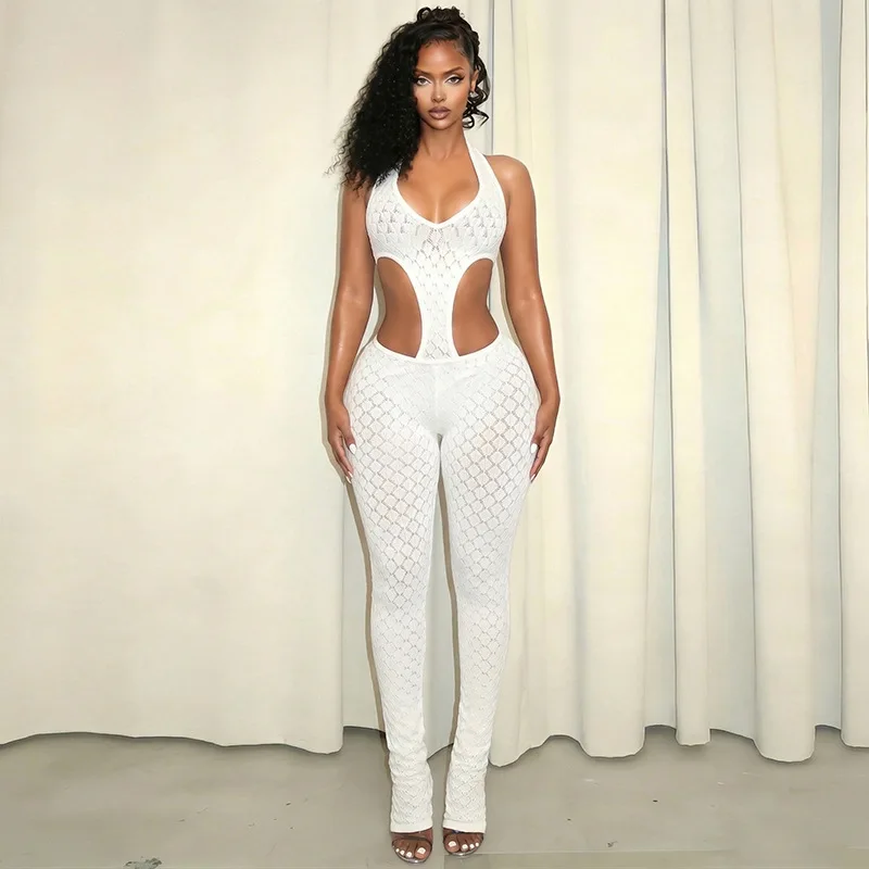 FAGADOER Combinaison moulante sexy en dentelle ajourée et patchwork pour femme, dos nu, style streetwear