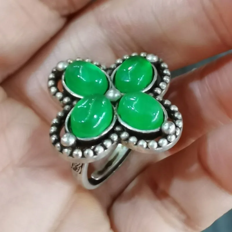 Antique Collectible Old Silver Open Ring, Qing Dynasty Style Jadeite Cabochon Inlay, Retro Ethnic Finger Ring Jewelry
