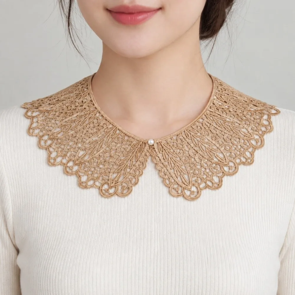 Mini Pearl Button Detachable Lace Collar Hollow Design Breathable Decorative Shawl Soft Material Lightweight Peter Pan Collar