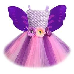 Robe tutu en tulle violet nickel é avec aile, fleur papillon, costume de fête