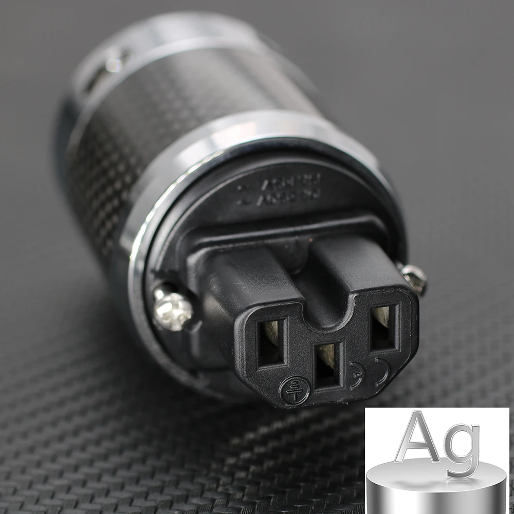 US AC 3-Pin Power Plug 99.9 Pure Silver 15A Fuse Carbon Fiber Male Female DIY Audio Connector