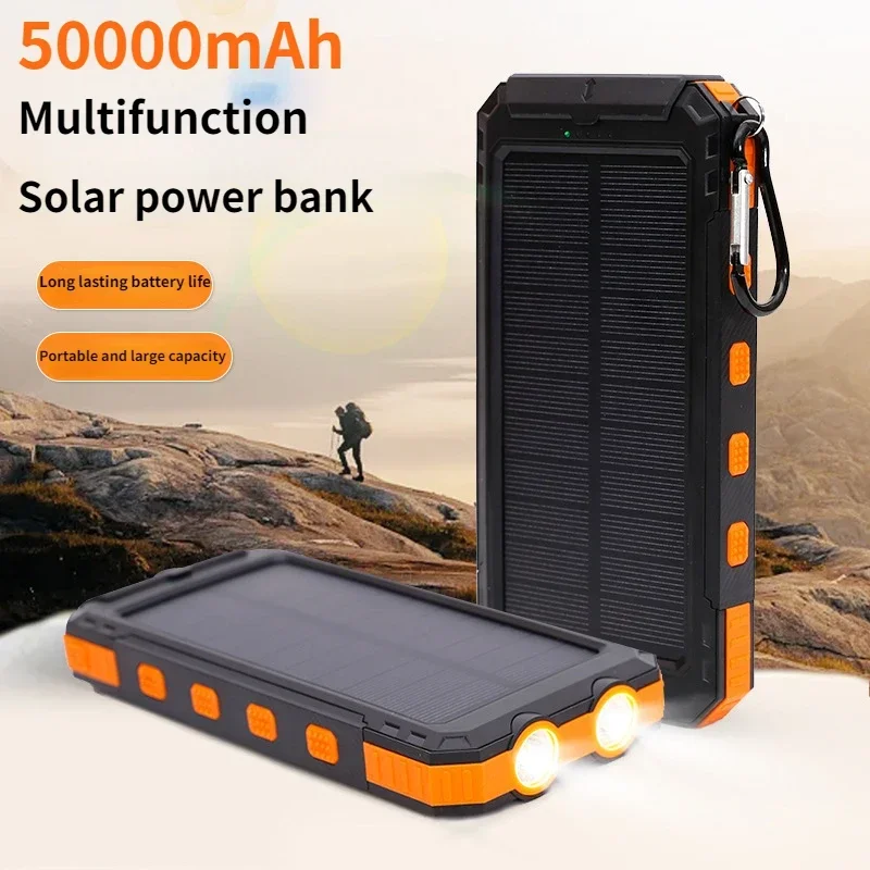 New Solar Power Bank 50000mAh Portable External Battery Fast Charging Super Bright Flashlight Outdoor Power Bank with Compass