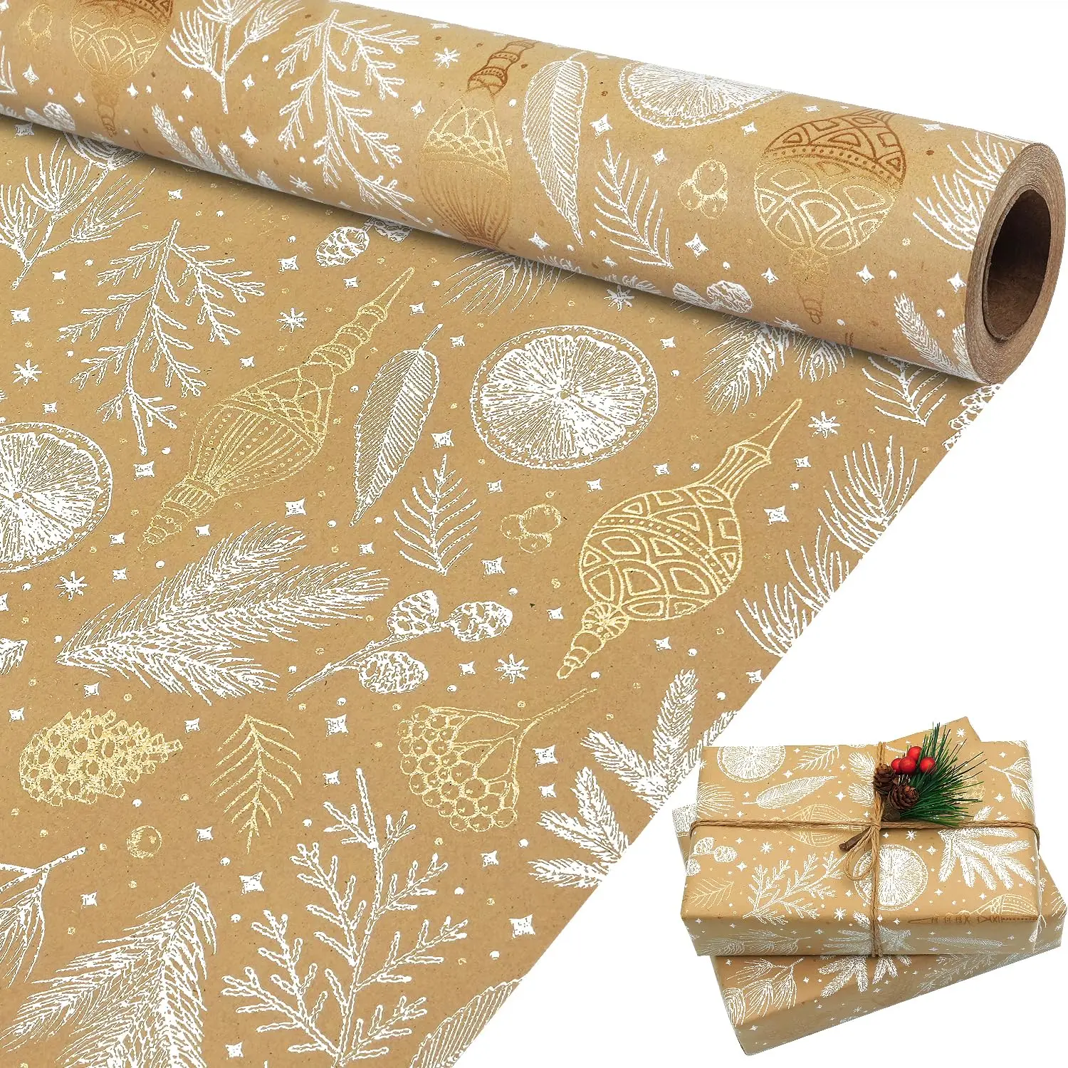 Christmas Wrapping Paper, Brown and Gold Foil Kraft Gift Wrapping Paper Roll, Christmas Wrapping Paper Jumbo Roll, Gift Wrapping