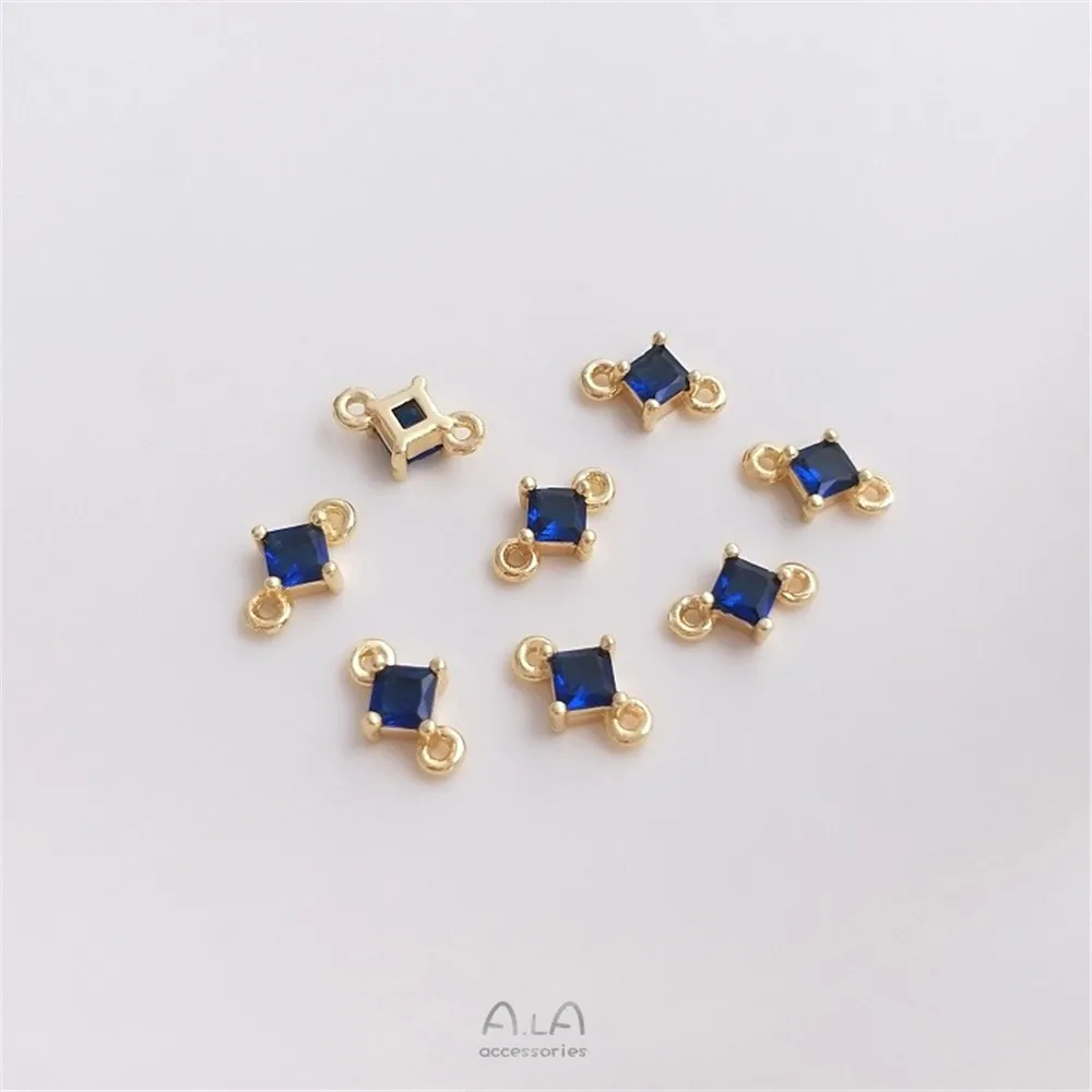 14K Goldfarbe eingelegter Edelstein, blauer Zirkon, Smaragd, Zirkon, quadratisch, doppelt hängendes Zubehör, handgefertigte DIY-Schmuckmaterialien