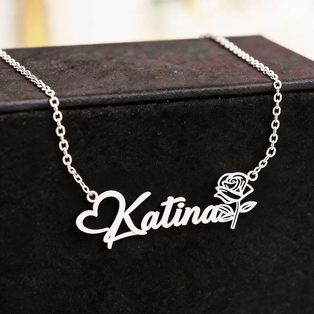 Personalized Name Rose Flower NecklaceCustomized Nameplate Pendant Stainless Steel Jewelry Gifr For Women Mother's Day Gift