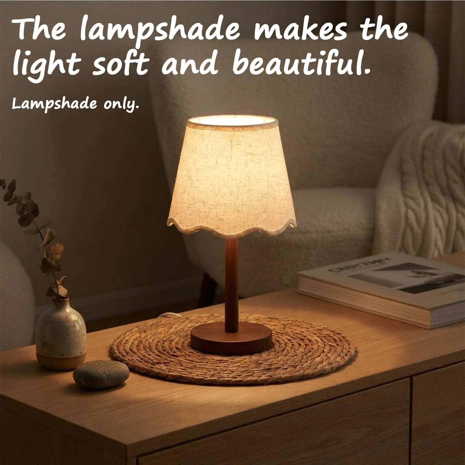 Japandi Linen Lamp Shade, Cream Scalloped Wavy Conical Cover for Table Wall Bedroom