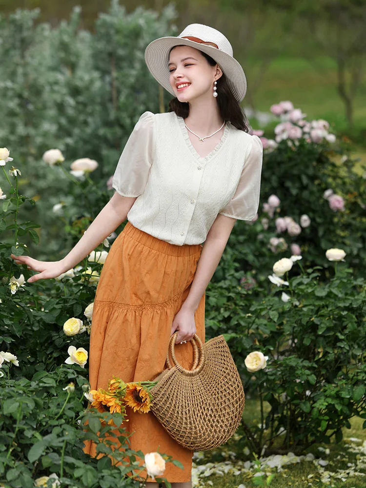 I BELIEVE YOU French V-Neck Puff Sleeve Lace Shirts For Women 2024 Summer New Chic Spliced Hollow Out Female Blouses 2241085670