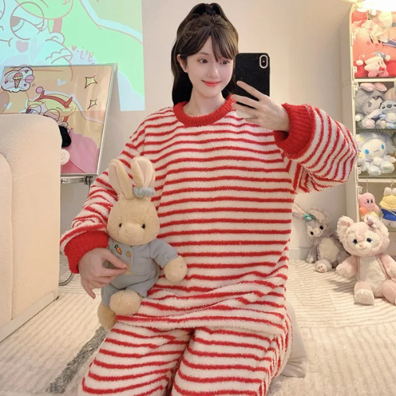 

M-5XL Plus Size Coral Fleece Sleepwear Women's Winter Thickened Flannel Home Clothes Ins Style Striped Pajamas Loose Loungewear