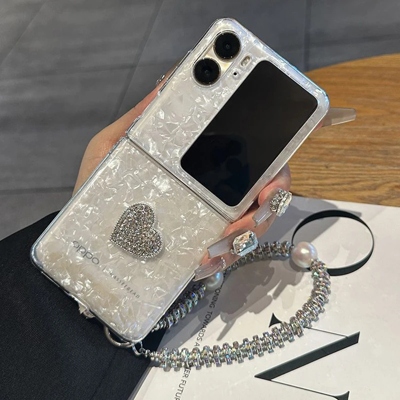 For oppo n2 flip case 3d diamond Heart shell pattern flip case for oppo find n2 flip / oppo find n3 flip cover with hand chain