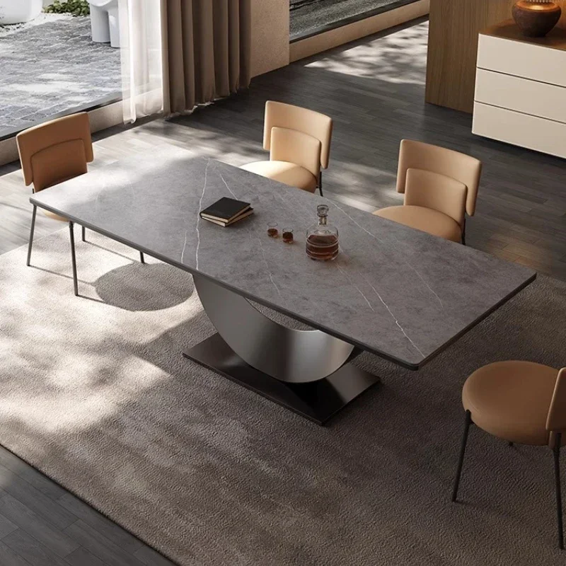 

Modern Rectangle Minimalist Rock Slab Restaurant Dining Table And Chairs Stainless Steel Frame Leather Dining Chair Italian