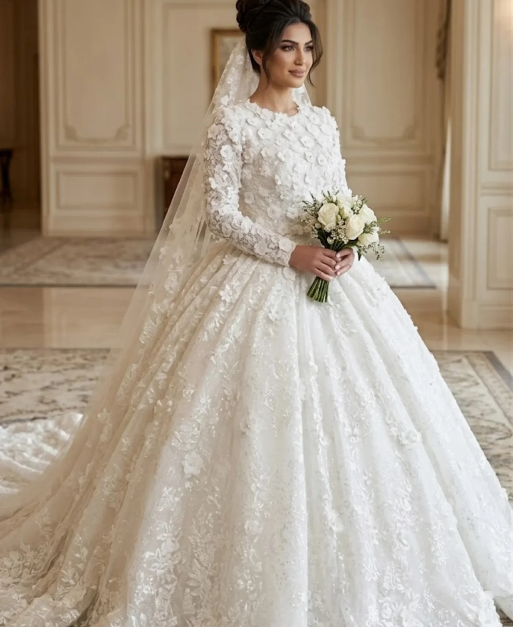 Luxury 3D Floral Muslim Ball Gown Wedding Dress new Long Sleeve Corset Back Bridal Gown Plus Size Vestido De Novia Customized