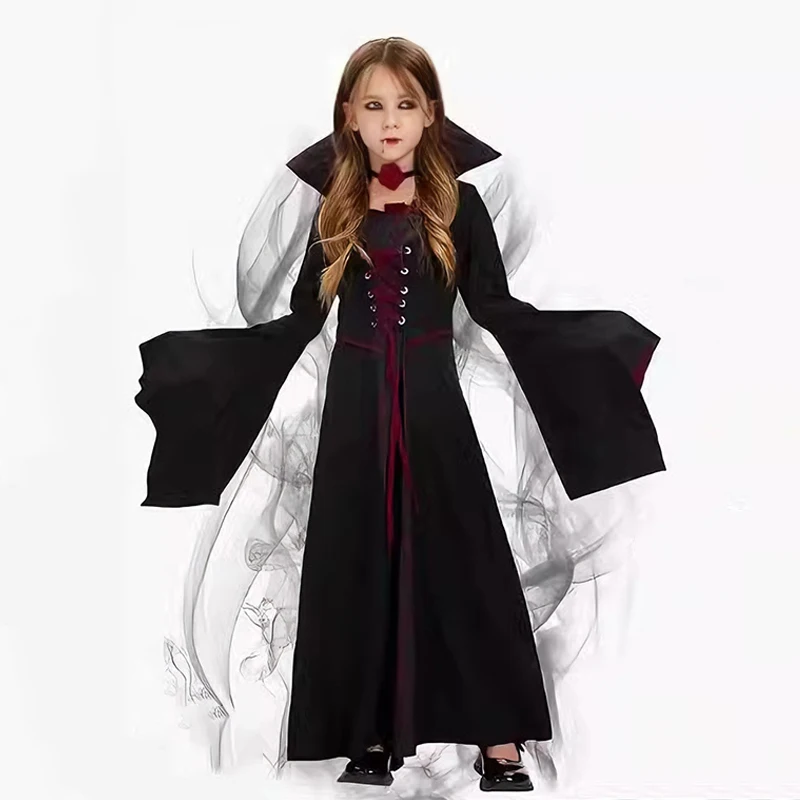 Girls Vampire Queen Halloween Costume Kids Gothic Black‑Red Long Stand‑Collar Gown Holiday Party Fancy Dress Cosplay Outfit