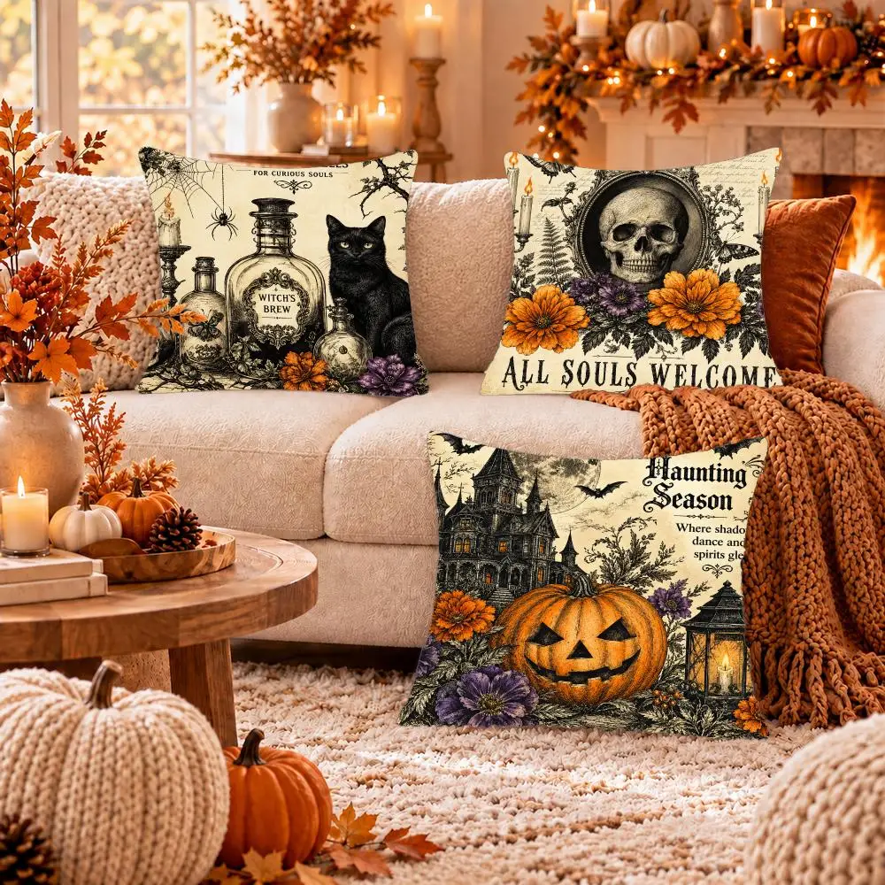 Antique Halloween Engravings Originals Cushion Cover Soft Short Plush Pillow Cover Smooth Cozy Texture Cushion Case Home Decor