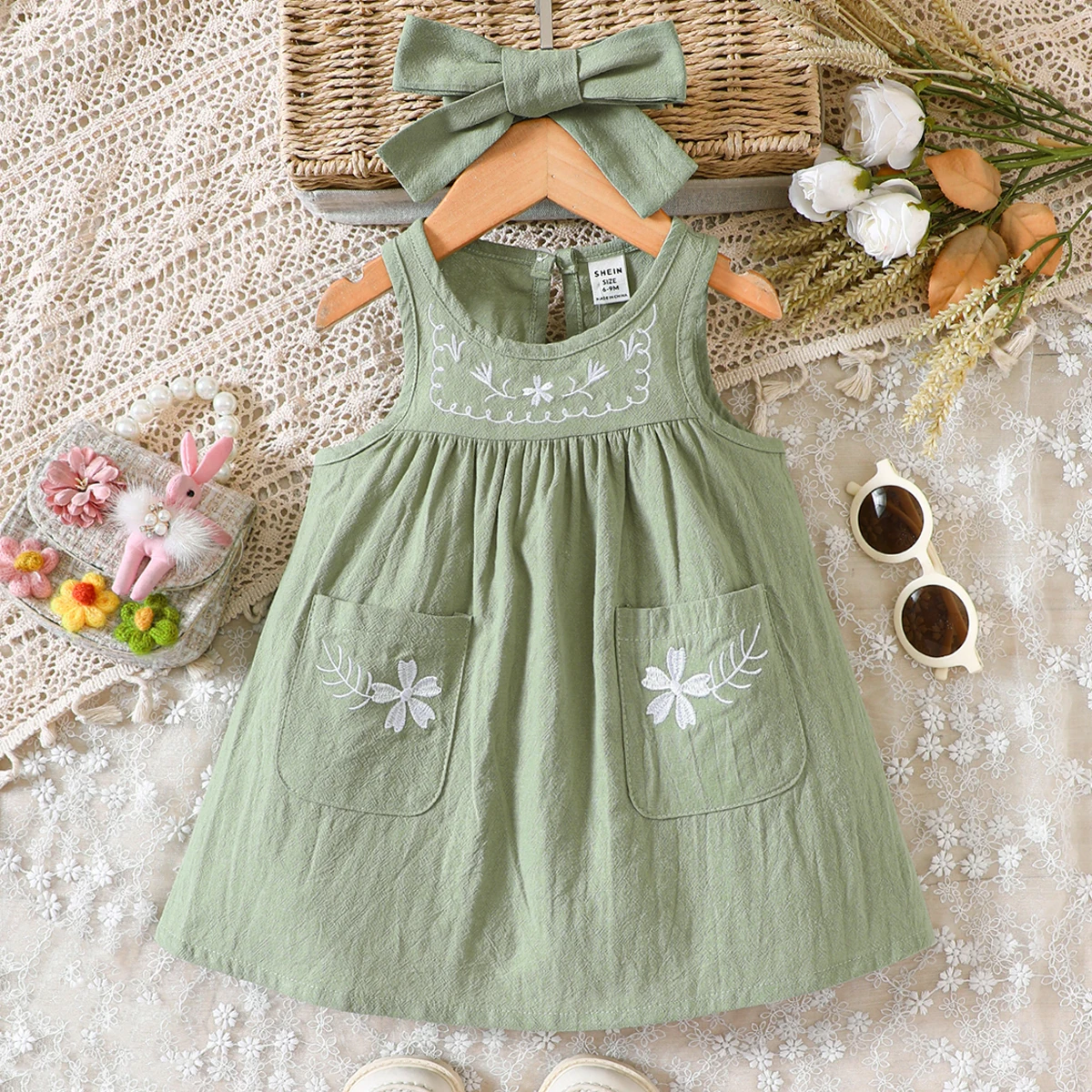 Girls  Dress  Bow Tie  Sleeveless Embroidery Pocket  New Fashion  Beach Travel  Home Trend  Versatile