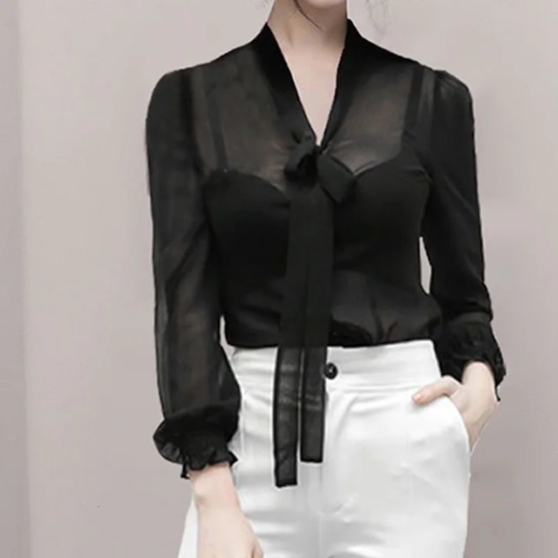 2024  New Summer Sexy High Waist Sweat Retro Korean Style Women's Shirt BOW Sexy Office Lady Lace V Neck Long Sleeve Y2K Tops